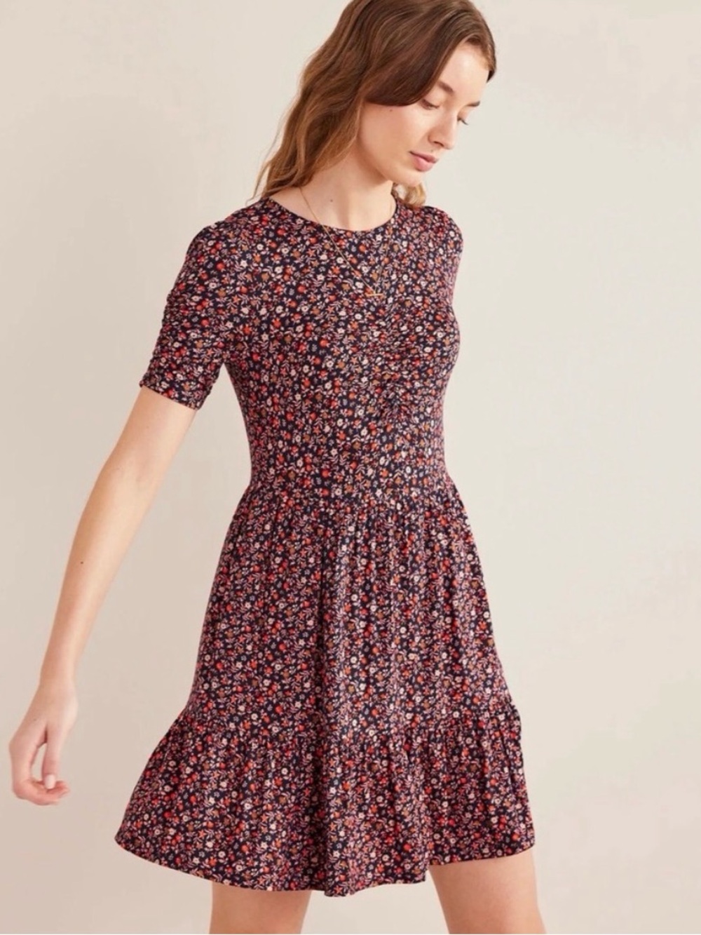 Boden navy floral jersey dress; US 14L; like new